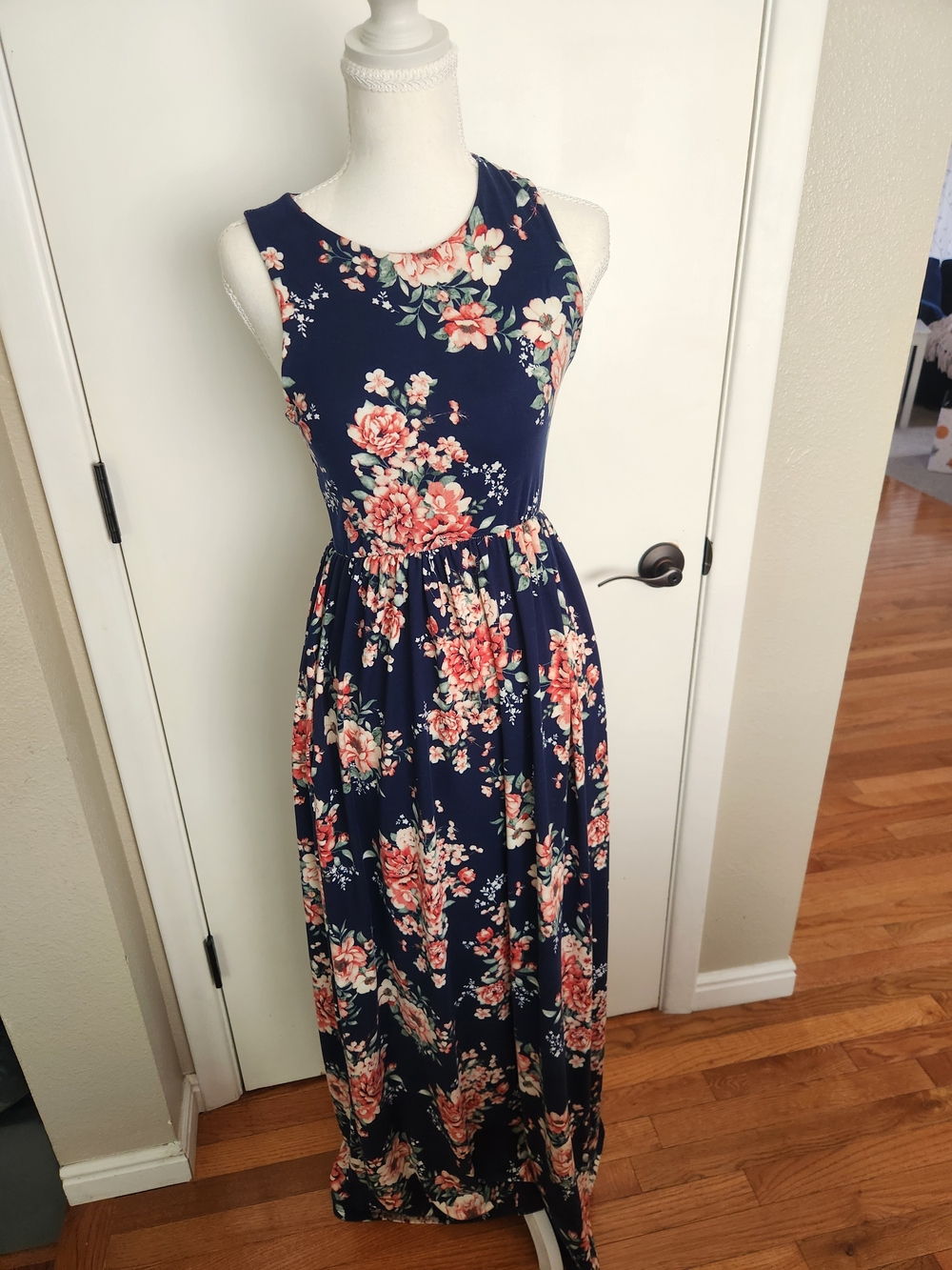 Navy Floral Sleeveless Maxi Dress with Elastic Waist